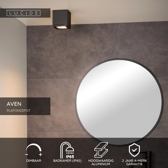 Lucide AVEN – Deckenstrahler (Deckenleuchte) für das Badezimmer – 1xGU10 – IP65 – Schwarz