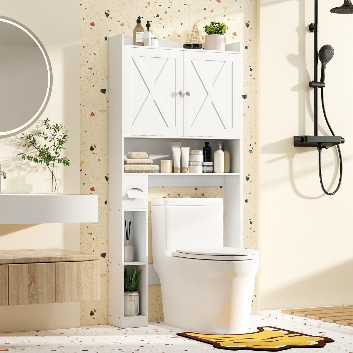Coast Toilettenschrank mit Doppeltüren – verstellbare Einlegeböden – Toilettenpapierhalter – gewaschenes Grau/Weiß – 81,5 x 19,5 x 172 cm