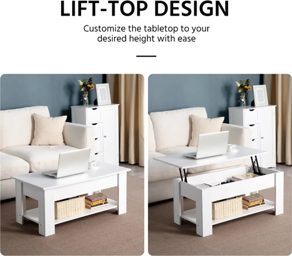 Yaheetech Couchtisch mit verstellbarer Tischplatte 98 x 50 x 41,8 cm – Weiß – Ausziehbarer Lift-up-Couchtisch mit Stauraum