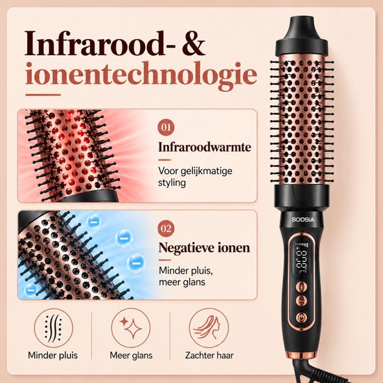 Soosia Lockenstab & Glättungsbürste – Wärmebürste mit Keramikplatten – Thermal Brush – Infrarot & Ionen – Einstellbar von 110 bis 210 °C