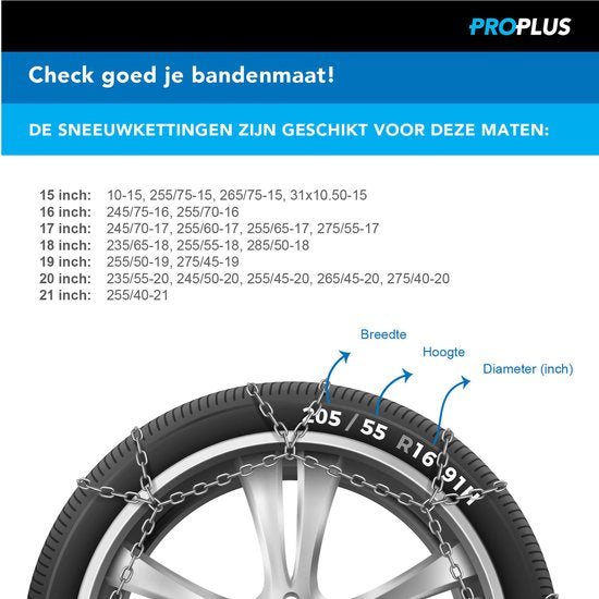 ProPlus Schneeketten – KNR255 – 16 mm Stahlglieder - Önorm-Gütesiegel – Sicherheit – Reifen – Schnelle und einfache Montage – Für verschiedene Reifengrößen – Inklusive Reparaturglieder und Aufbewahrungskoffer – 2er-Set – 4x4-Fahrzeug – Minivan, SUV/MPV