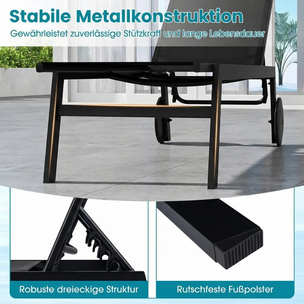 Coast Garden Loungers - Verstellbar - Räder - Schnell trocknend - 190 x 59 x 99 cm - Schwarz