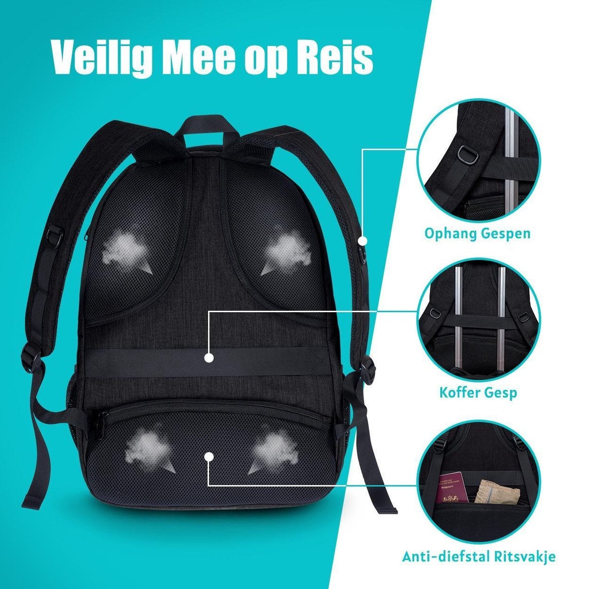 TRVLMORE Rucksack - 36L - 17.3 Zoll - Laptop-Rucksack - Schultasche - Unisex - Spritzwassergeschützt Schwarz