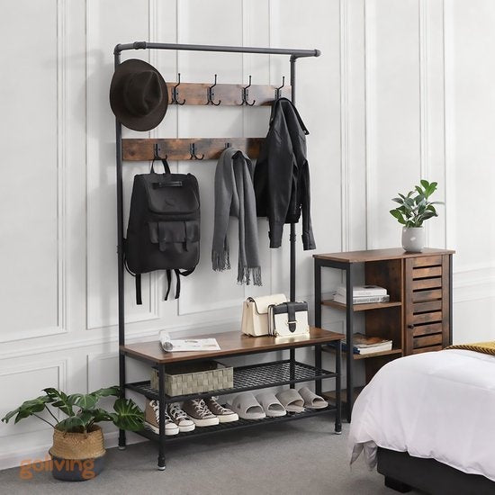 Goliving Garderobe XL - Garderobenständer - Schuhablage - Stehend - Industrieschrank - Metall/Holz - 100 x 41,5 x 182 cm - Braun/Schwarz