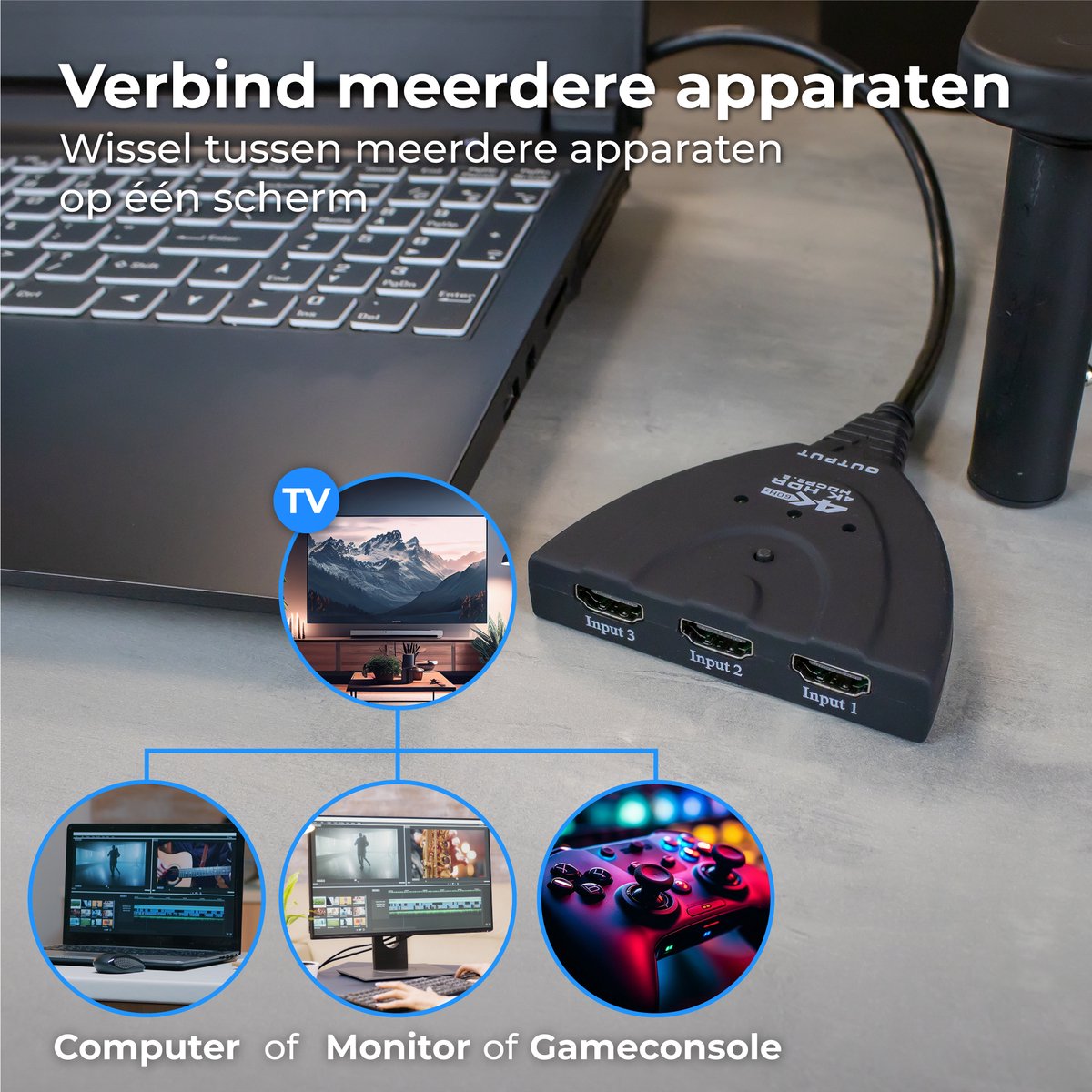 Nuvance HDMI-Umschalter - 3 Eingänge, 4K 60Hz-Unterstützung - 60 cm - Schwarz