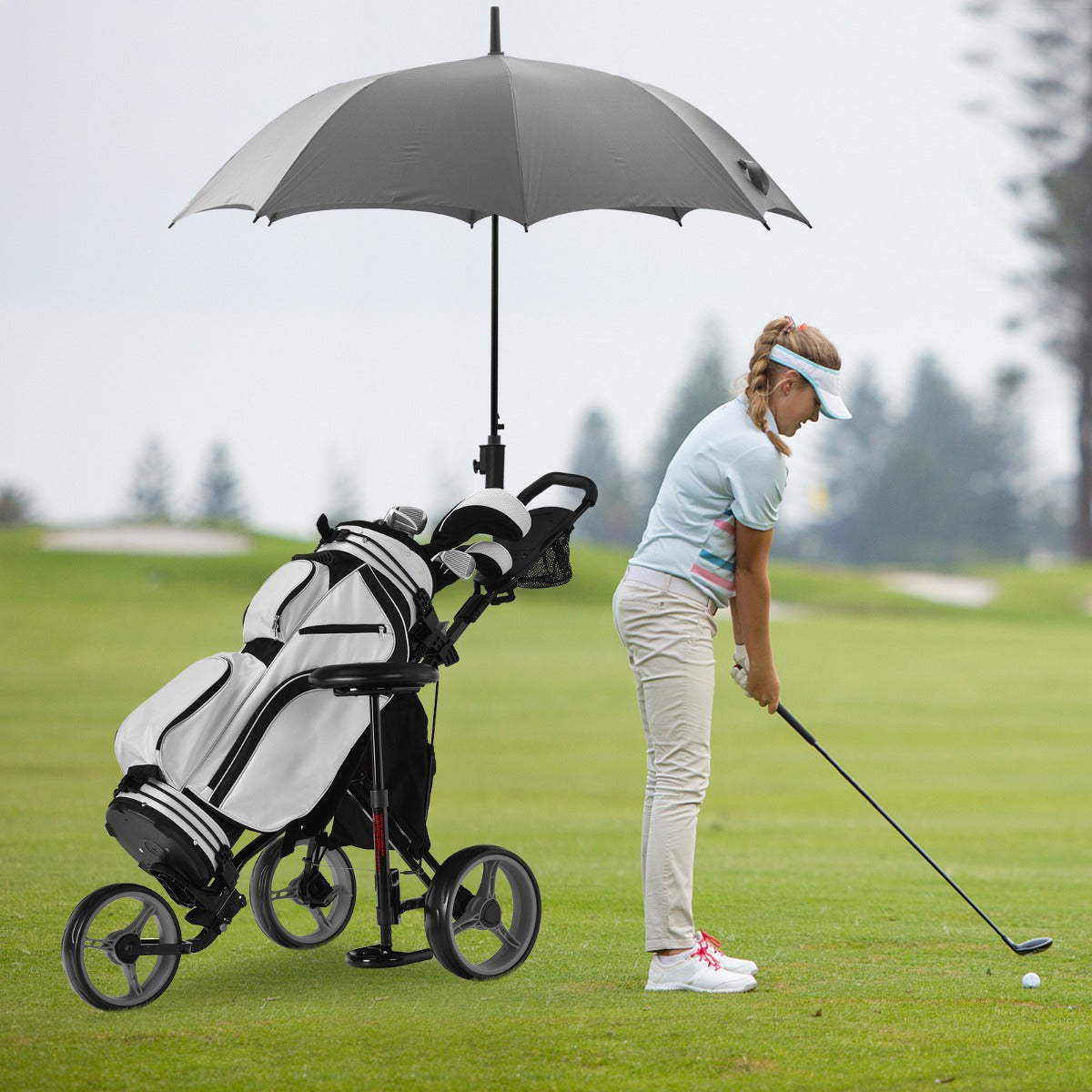 Coast Golf Trolley mit Schirmhalterung und Stuhl - 130 x 75 x 120 cm - Grau/Schwarz