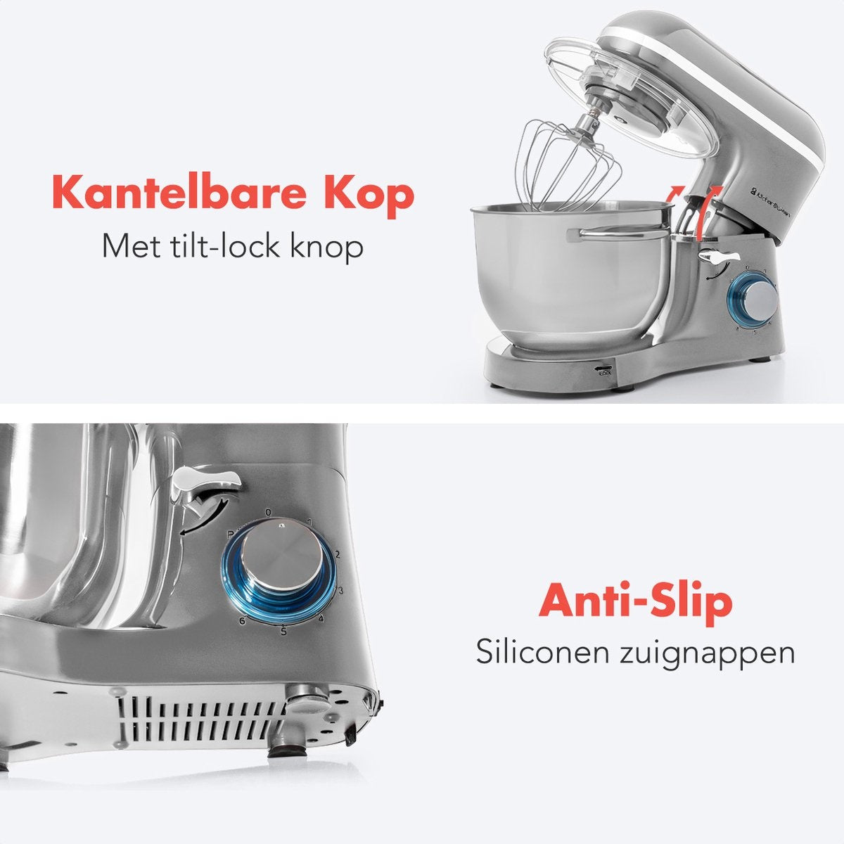 KitchenBrothers Küchenmaschine - Küchenmixer mit 6L-Edelstahl-Mixschüssel - Küchenroboter - 1400W - Silber