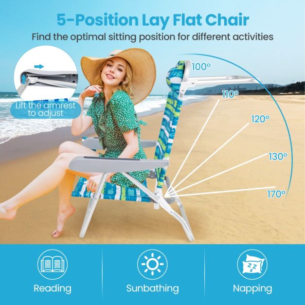 Coast Klappbare Strandstühle 62 x 54 x 80 cm – 2er-Set – 5 Neigungsstufen – Getränkehalter – Grün