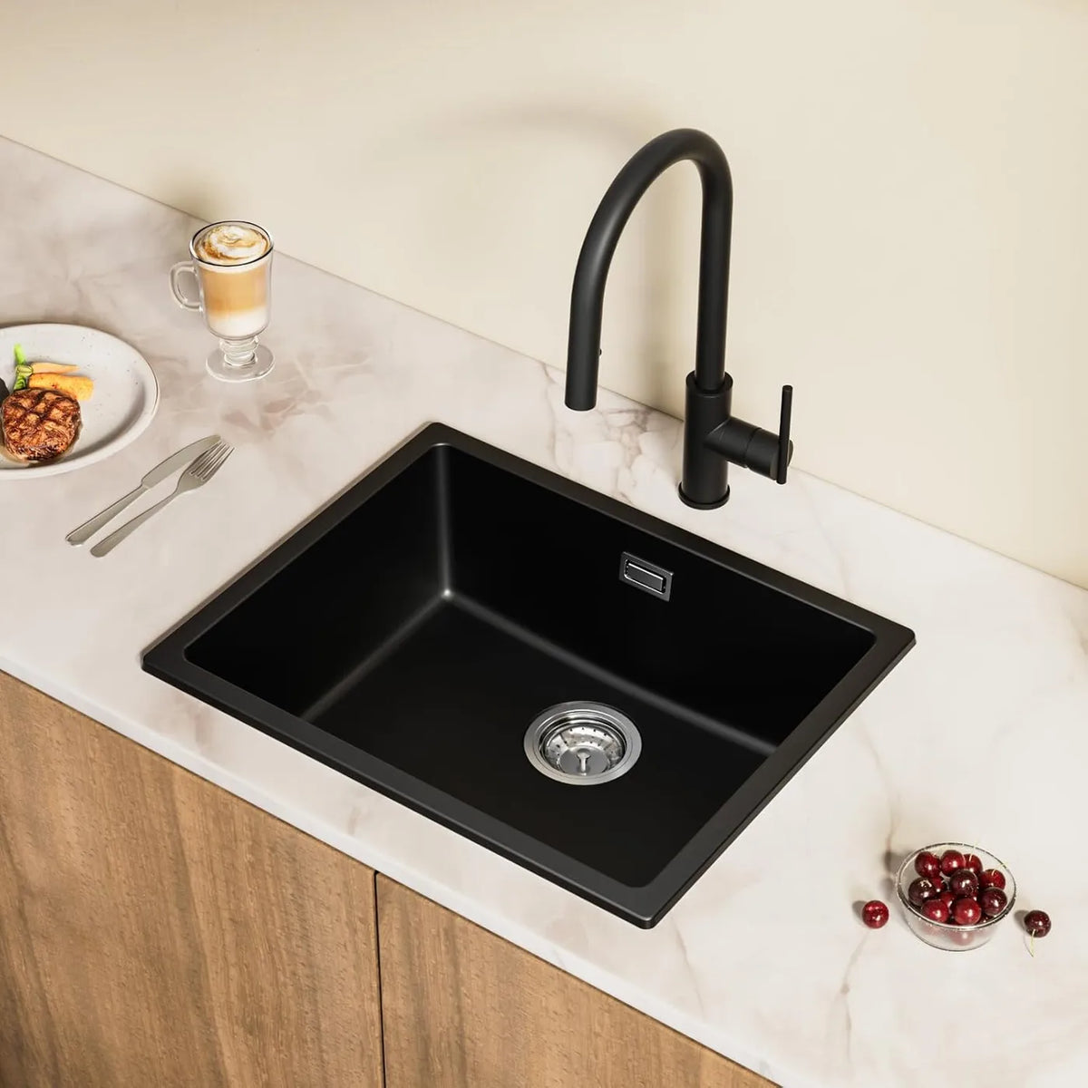 Cecipa Max Granit-Spülbecken 55 x 44 cm – Unterbau und Aufsatz – Geräuschdämpfend mit Siphon – Schwarz