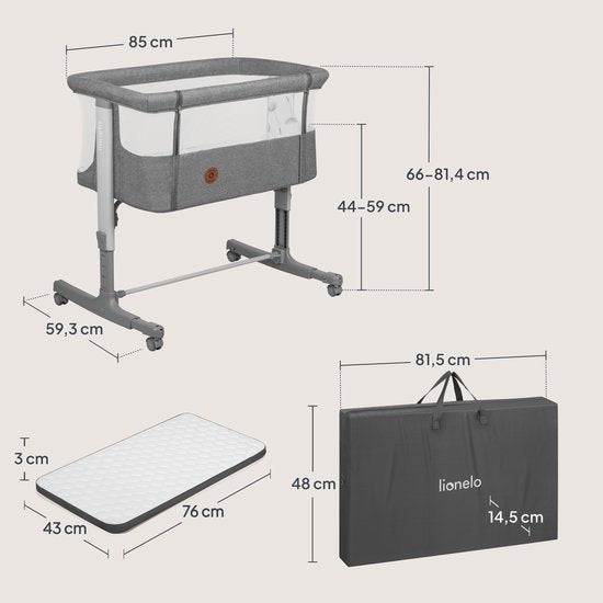 Lionelo Aurora 3-in-1-Beistellbett – Babybett bis 9 kg – Mitwachsbett – 4 Rollen mit Bremse – Reisebett – Höhenverstellbar – Atmungsaktives Netzgewebe – Inklusive Matratze und Transporttasche – Abnehmbarer Bezug