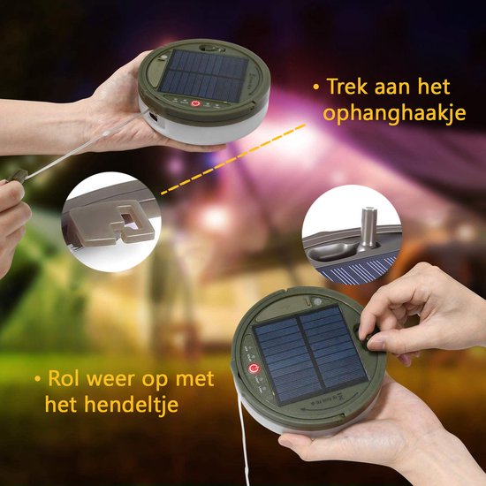 Tech Essentials Solar Camping Light String - 100LEDs - 10M - Warm-Weiß-Licht - Zelt Licht - USB aufladbar - Mit Fernbedienung - Einziehbar - Camping Licht - Solar Pendelleuchte - Notfall