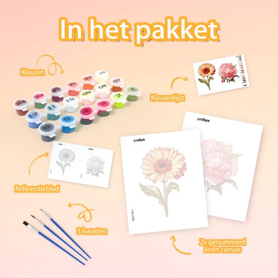 Rubye® Malen nach Zahlen Erwachsene - Rose & Sonnenblume - Inklusive Farbe und Pinsel - Leinwand Malerei Leinwand - Farben nach Zahlen - Doppel Set - 15x20cm
