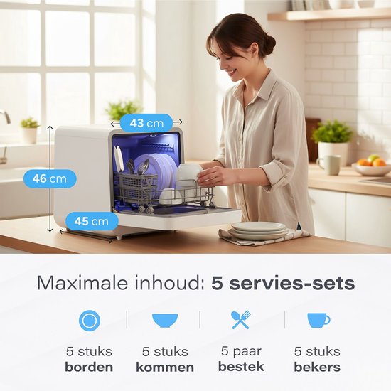 Skoov Mini-Geschirrspüler Freistehend - 43 x 45 x 46 cm - 900 Watt - Mit 6 Programmen - 5 Liter Wasserverbrauch - Kunststoff/Metall - Weiß