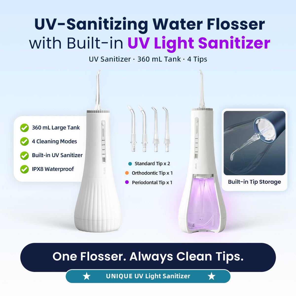 Bair Care Wasserzahnbürste M11 – Weiß – UV-Sterilisation – 360 ml Tank – 4 Einstellungen – 3 Aufsätze – IPX8 – USB-C