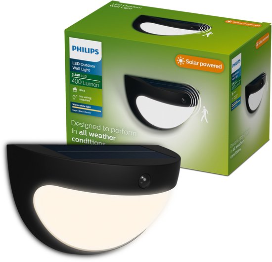 Philips Swyn Solar-Wandleuchte – Solarbetrieb – Warmweißes Licht: 2700 K – Schwarz – Zwei Leuchtstufen – Dämmerungssensor – Bewegungssensor – IP44: wetterfest – Solar-Außenbeleuchtung