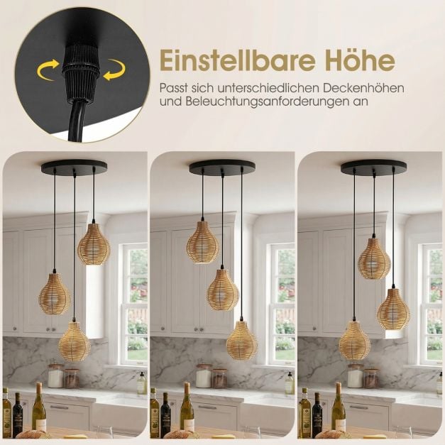 Coast 3-flammige Rattan-Hängeleuchte – Verstellbar 24–102 cm – Ø 30 cm – Schwarz und Beige