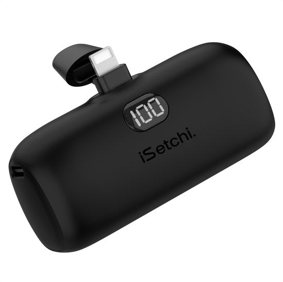 iSetchi Mini Powerbank 5000 mah - Kompakte Größe - Externer Akku - Integriertes Kabel - Notfallpaket - Lightning Kabel - LED Anzeige - Geeignet für iPhone - Schwarz
