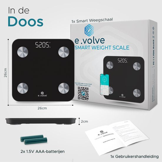 e.volve Waage Personenwaage Digital - 20x - Schwarz - Intelligente Waage mit Körperanalyse - Präzisionswaage - Waage - Digitalwaage - Inkl.
