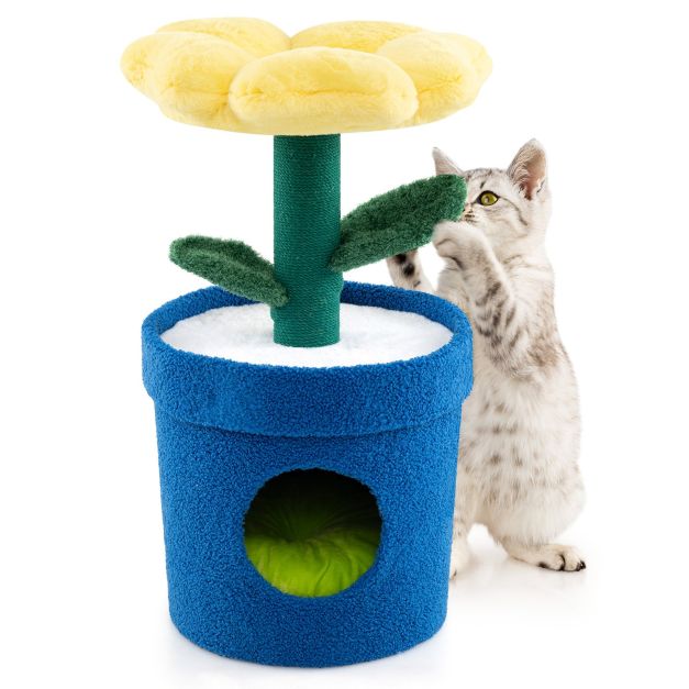 Coast Cat Tree Flower Platform & Cat Burrow Gelb - 39,5 x 39,5 x 72 cm - Luxus Plüsch Katzenhaus mit Kratzbaum