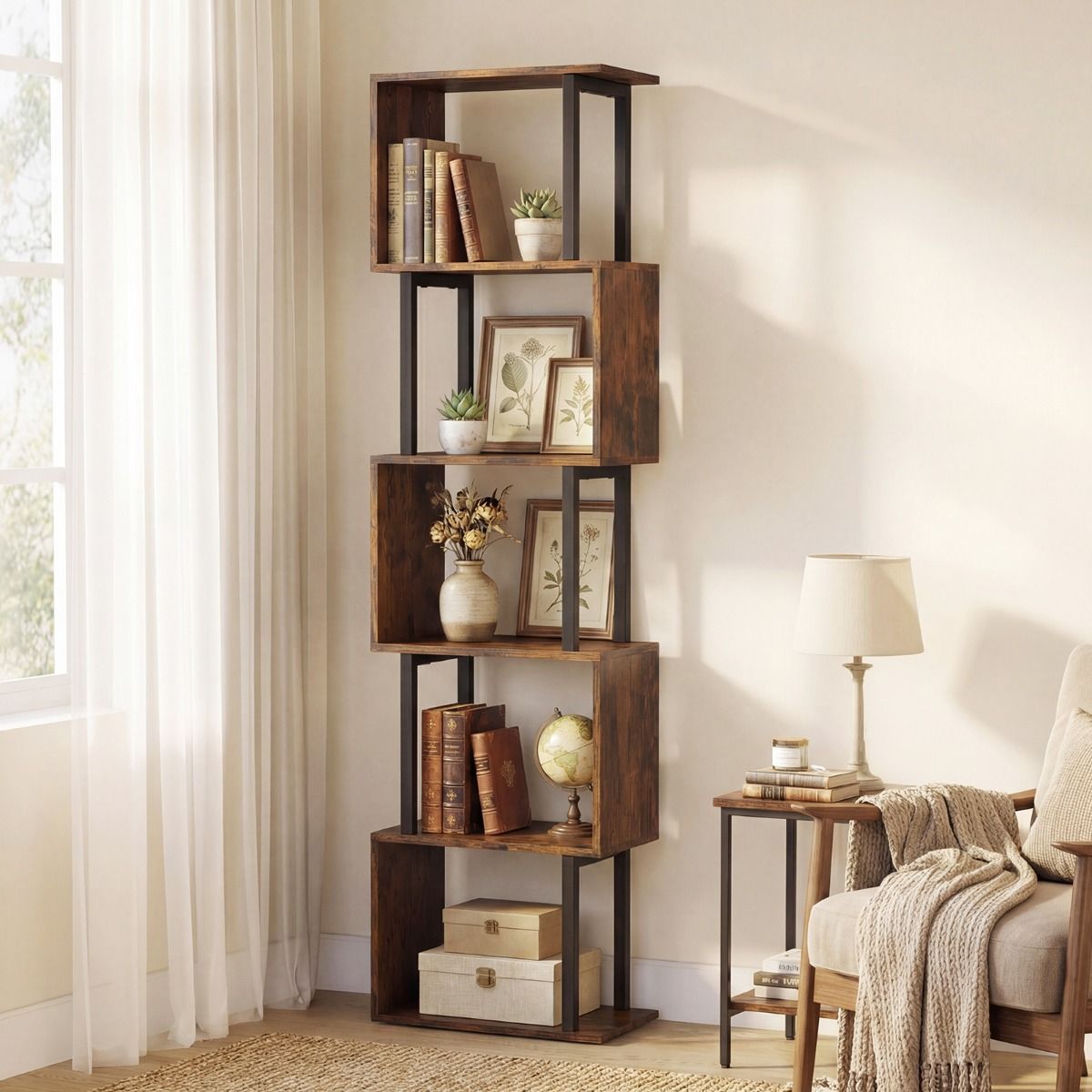 Coast Bücherregal mit 5 Regalböden – geometrisches Design – Metallgestell – schwarz/rustikales Braun