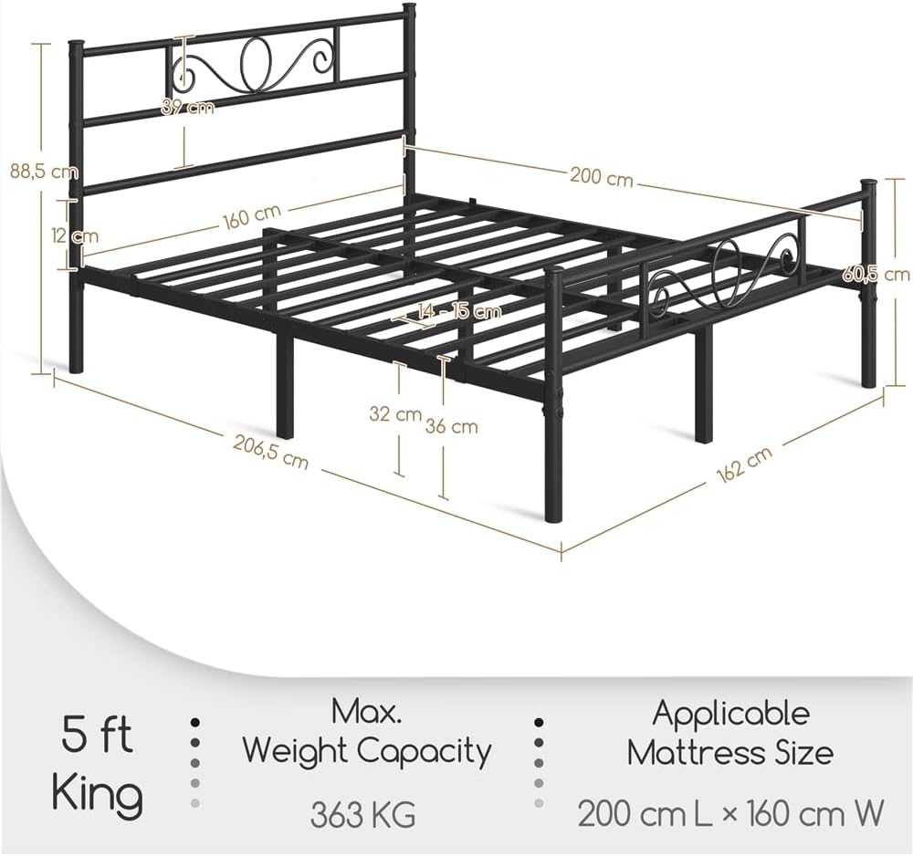 Yaheetech Metallbettgestell – Schwarz – 207 x 162 x 89 cm – Doppelbett, Matratze 160 x 200 cm