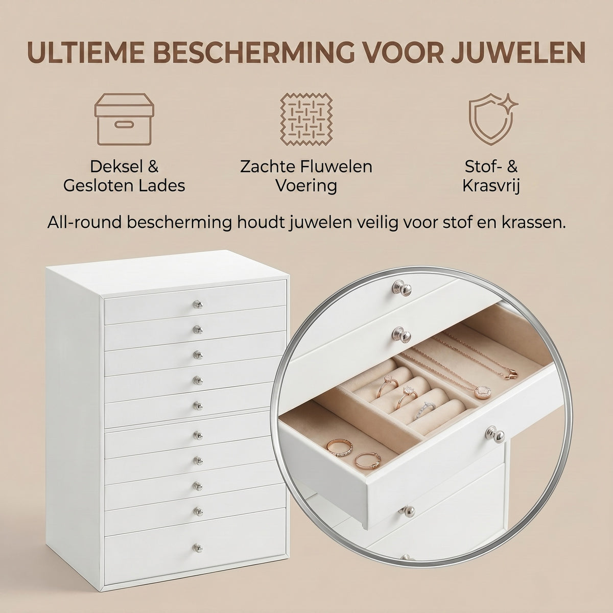 JOYFURNOS Schmuckorganizer mit Schubladen, große Aufbewahrungsbox, moderne Geschenkidee für das Schlafzimmer, 10 Ebenen, weiß