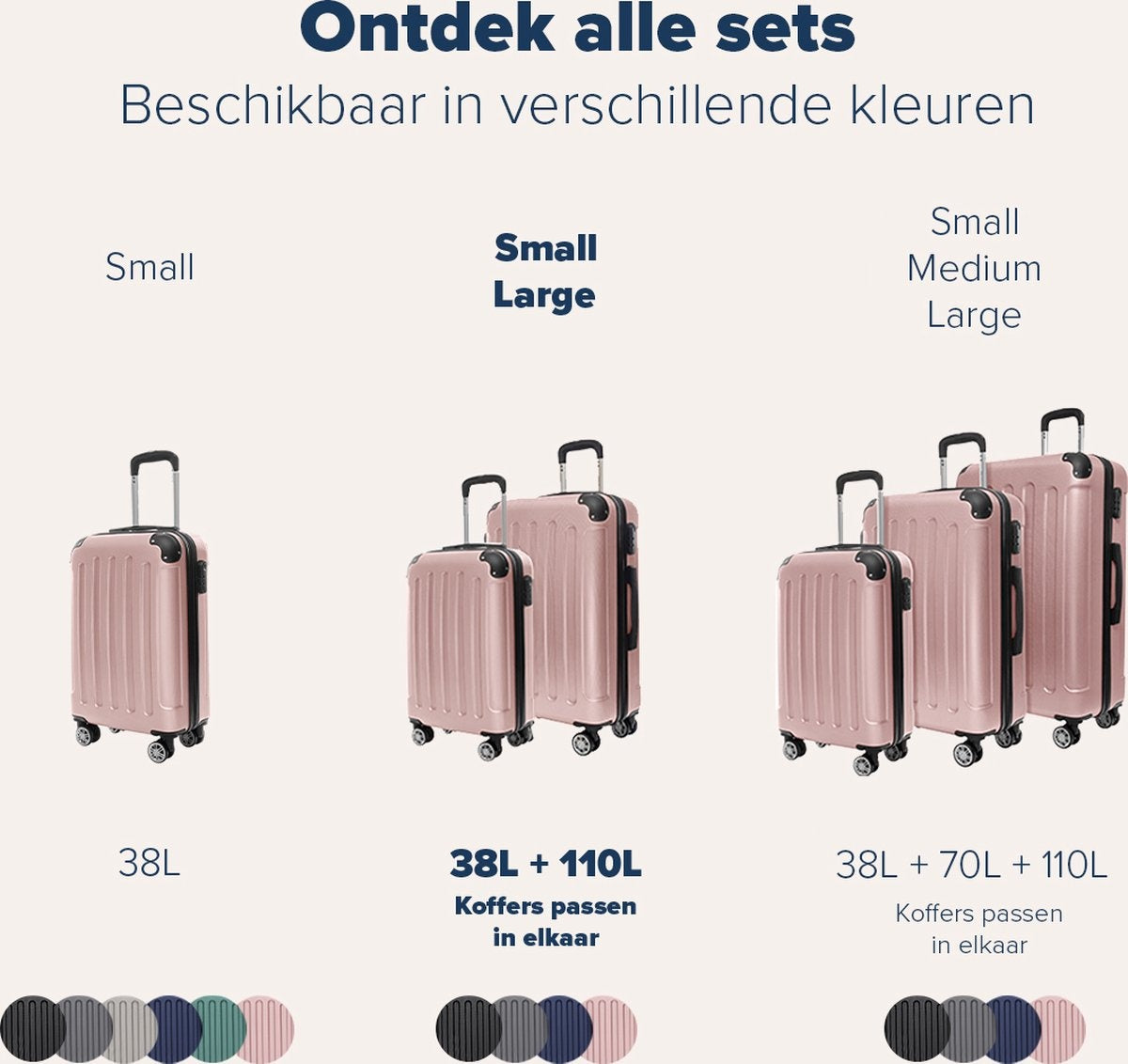 TRVLMORE - Kofferset - 2 Stück - 38L (Handgepäck) + 110L - Rose Gold