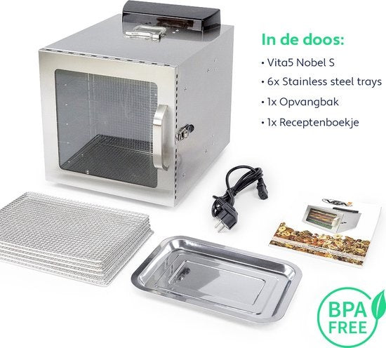 Vita5 Nobel S Food Dehydrator - Dörrgerät - Edelstahl - 24-Stunden-Timer - 30-90Â°C - 400 Watt - LED-Kontrollfeld - Dehydrator - 6 Schichten