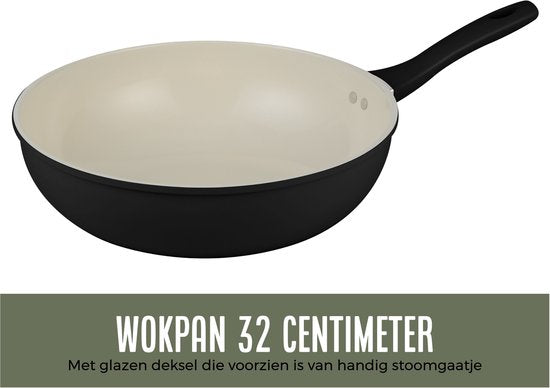 COOCK Wokpfanne Induktion 32cm - Spezial-Antihaftbeschichtung - Bratpfanne mit Deckel - Recyceltes Aluminium - Schwarz/Weiß - Inklusive E-Book