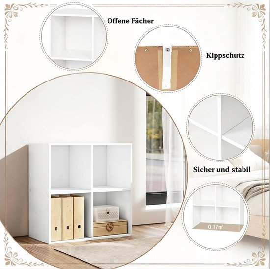 FloraGrace Bücherregal – Offenes Regal mit 4 Fächern – 59,6 x 59,8 x 29,5 cm – Holz – Weiß – Standregal für Wohnzimmer oder Büro