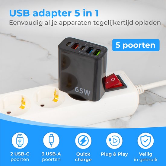 Nuvance - USB-Adapter - 5 Ports - USB-Stecker - USB-Ladegerät - Geeignet für jedes USB-Kabel - Schwarz