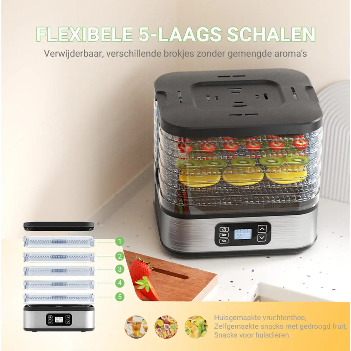 WOOX Lebensmitteltrockner MX0195 – 5 Einschübe – Timer und Temperaturregelung