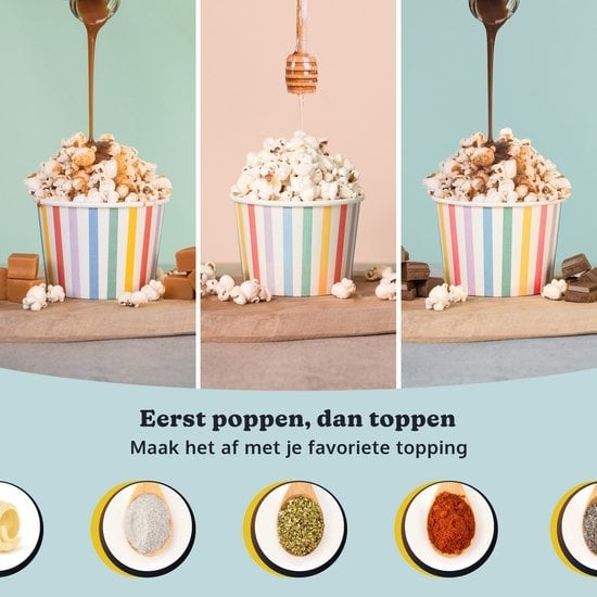 JAP Appliances Happy Pops - Retro-Popcornmaschine (2-3 Personen) 1200W - Inklusive Mess- und Butterschmelzlöffel - Fertig in 3 Minuten - Ã–lfrei - Blau