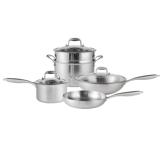 PureCook 4-teiliges Kochgeschirrset – Edelstahl – Dreifachwandig – Wok 34 cm, Stielkasserolle 18 cm, Kochtopf 24 cm mit Dämpfeinsatz, Bratpfanne 28 cm