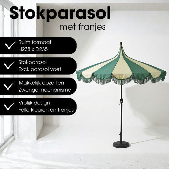 Mica Decorations Kim – Gestreifter Sonnenschirm mit Tragetasche – Stangensonnenschirm 238 x Ø 235 cm – Garten- oder Balkonsonnenschirm – Polyester, Stahl – Dunkelgrün