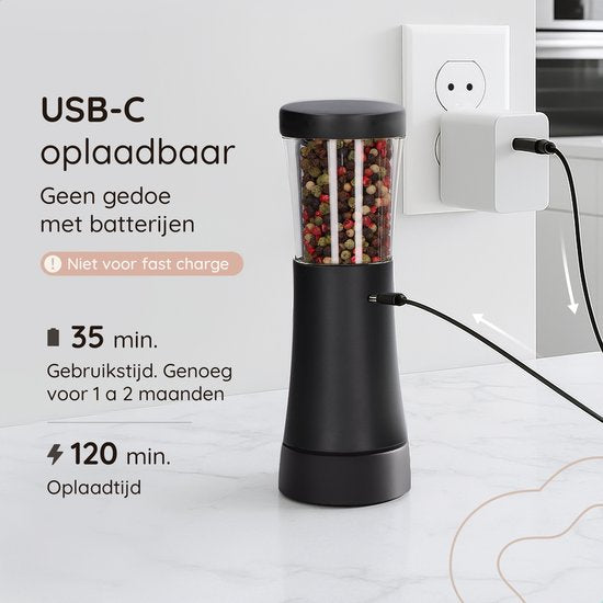 Deleca Elektrisches Pfeffer- und Salzmühlenset Gustaro - 130ml Speicherkapazität - Luxuriöses Salz- und Pfeffermühlenset - Einstellbares Mahlen - USB Wiederaufladbar / Schwarz