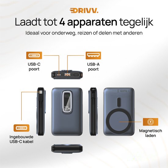 Powerbank 10.000 mAh, kompatibel mit MagSafe, mit USB-C-Kabel – 3-in-1-Design – 22,5 W kabellose Powerbank – inklusive 60-W-Ladekabel – Schnellladefunktion – USB & USB-C – Schwarz –