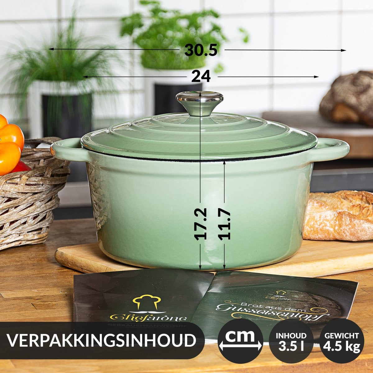 Chefarone Gusseisenpfanne - Kasserolle - Inklusive Deckel - Geeignet für alle Wärmequellen - Emailliert - Grün