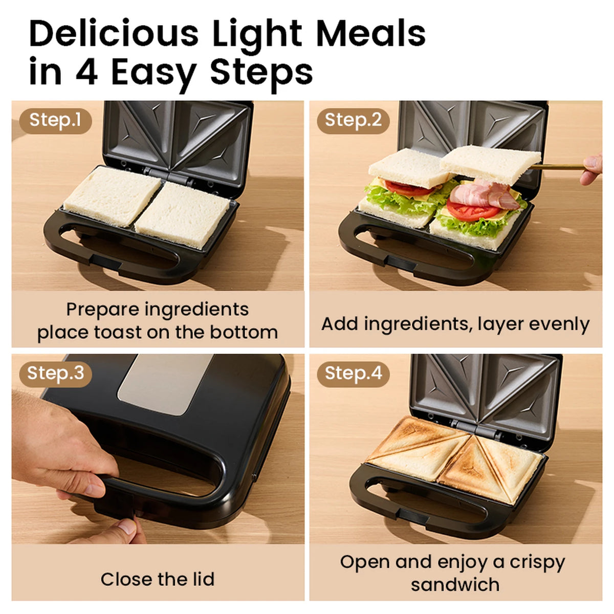 Ochama Sandwichmaker 750 W – Doppelte Grillplatten – Knusprige Toasts – Antihaftbeschichtung – Schwarz