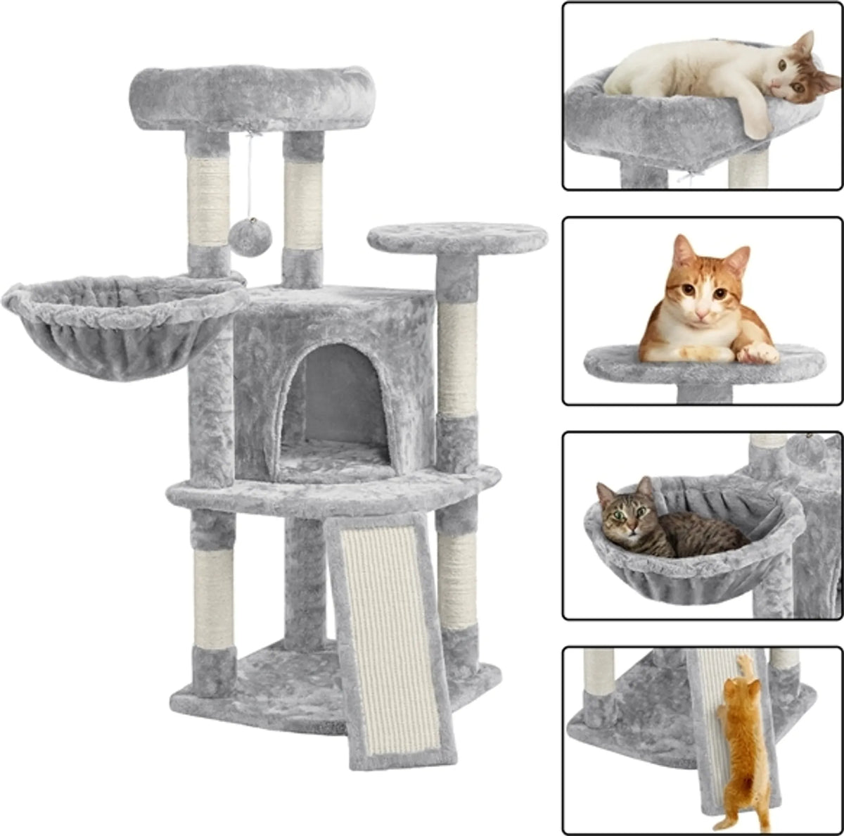 Yaheetech Katzenpfosten mit 5 Sisalstangen - Ausgestattet mit gepolsterter Aussichtsplattform und Hängematte und Katzenhöhle - Für 2 bis 3 kleine und mittelgroße Katzen - Hellgrauer Plüsch und Metall - 43,5 x 43,5 x 106 cm