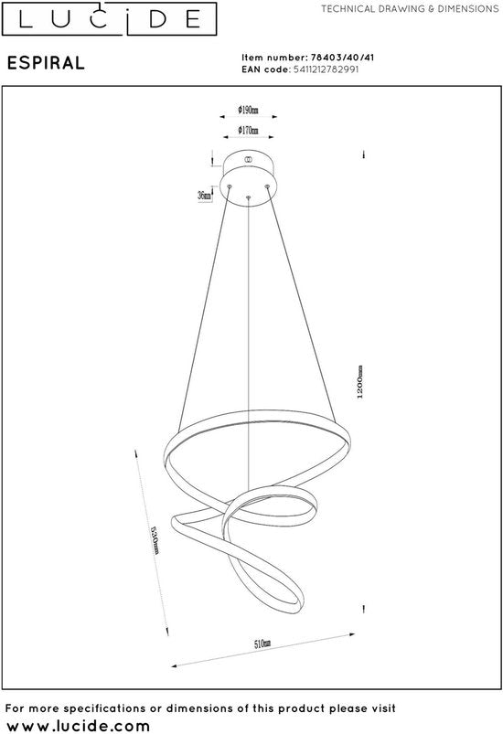 Lucide ESPIRAL – Hängeleuchte – LED, dimmbar – CCT – 1×40 W, 2700 K/4000 K – Taupe – Essential