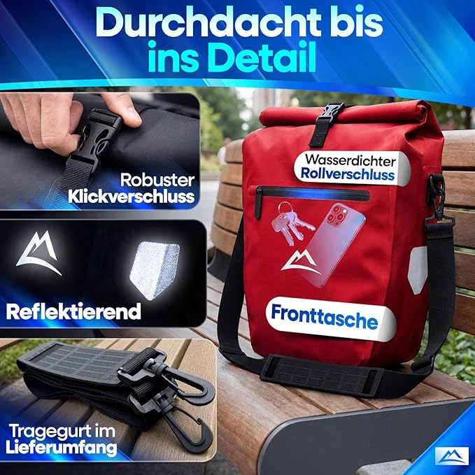 Nextcover Fahrradtasche – 28 l – TPU – Rollverschluss – Gepäckträger – Rot