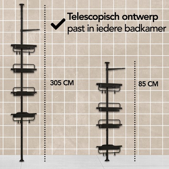 Brixy Duschregal - Teleskopisch - 85-305 cm - Kein Bohren - Boden bis zur Decke - 4 Ablagen - 3 Haken - Schwarz