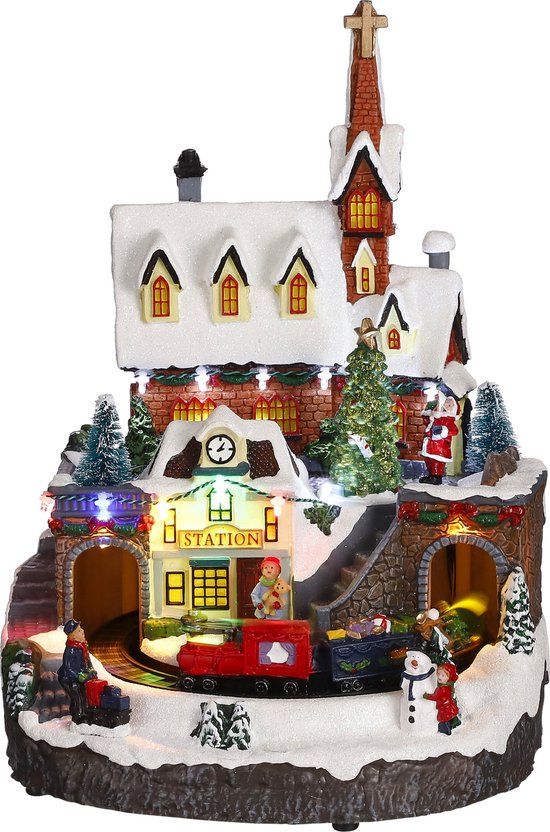 LuVille Weihnachtsdorf Miniatur-Bahnhof - L24 x B24 x H33 cm - Mehrfarbig