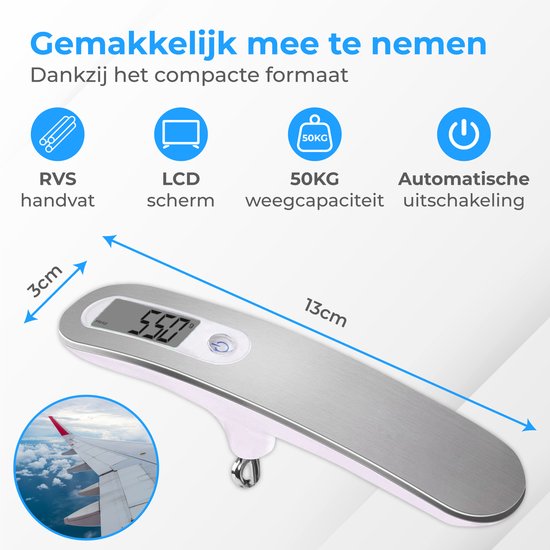 Nuvance - Digitale Gepäckwaage - Gepäckwaage bis zu 50 KG - Inklusive Wiegehaken und Batterie - Gepäckwaage - Gepäckwaage mit Digitalanzeige - Hängewaage