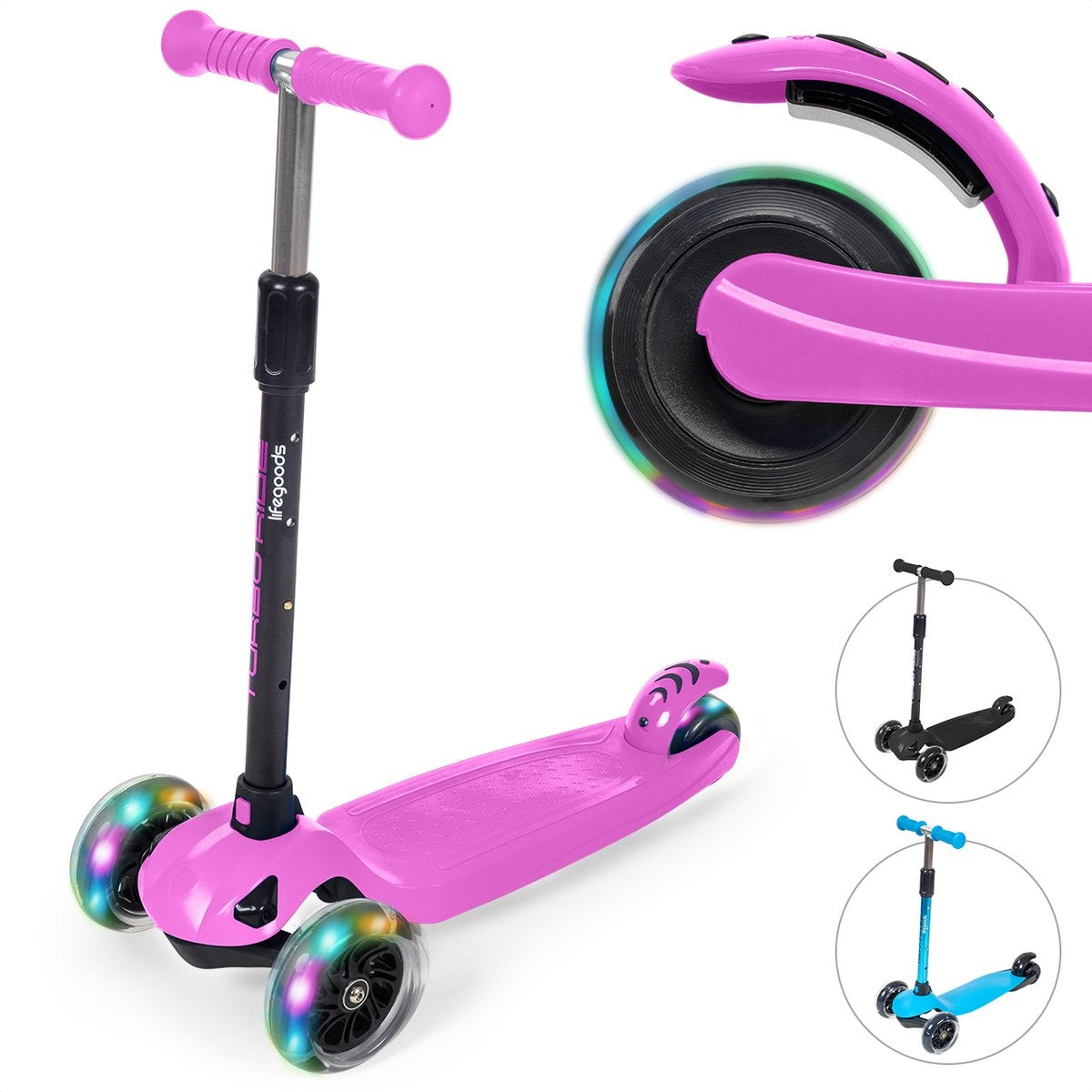 LifeGoods TurboRide Kinder-Roller - Alter 5-8 Jahre - 3 leuchtende Räder - Jungen/Mädchen - Pink