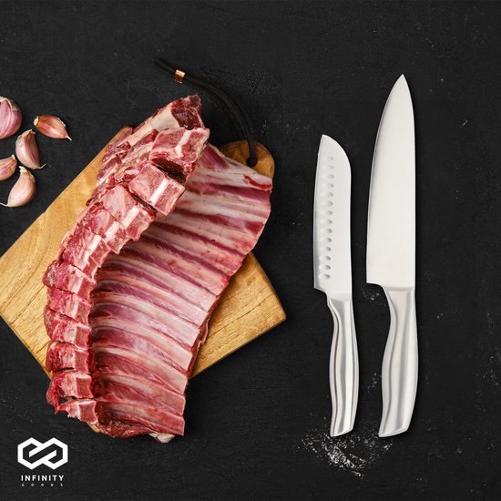 Infinity Goods - Messerset mit Messerblock - 16 Teile - mit Block, Messerschärfer und Schere - kratzfest - Edelstahl - Silber/Schwarz