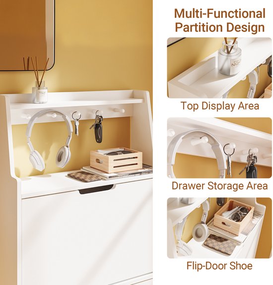 SoBuy Schuhschrank, extraflach 19 cm – Stauraum bis Größe 47 – mit Haken und offenem Regal für kleine Wohnungen, Flur, Eingangsbereich – weiß, 60 x 19 x 119 cm, FSR221-W