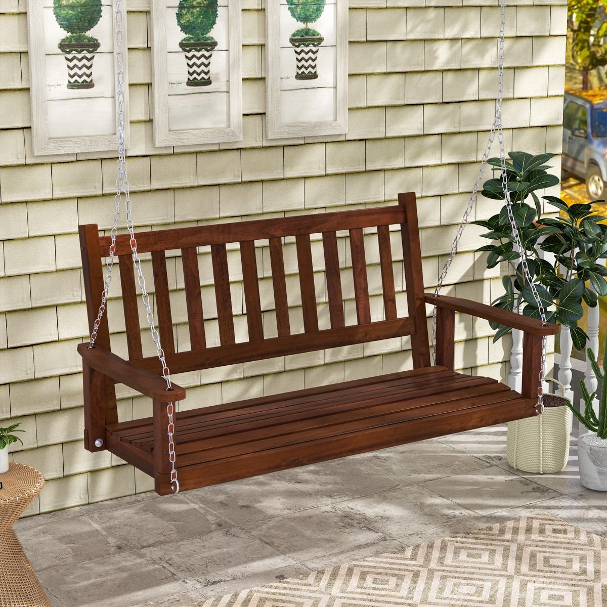 Coast Holz-Außen-Schaukelbank – 3-Sitzer – Verstellbare Ketten – Braun 168 x 65 x 63 cm