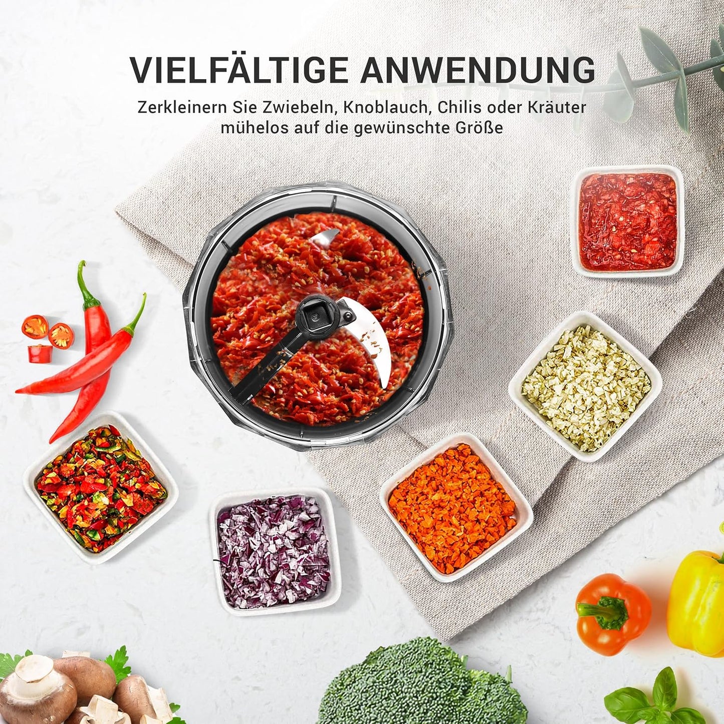 LEBENLANG Manueller Gemüse- und Zwiebelschneider - Inkl. Schneebesen & Frische-Deckel - 1L - 14 x 14 x 13 cm